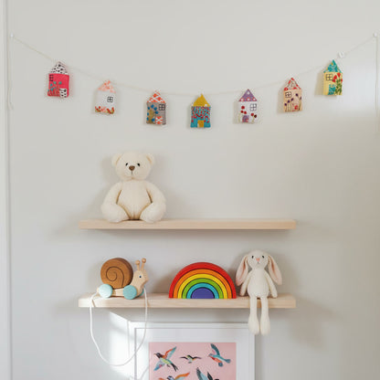 Hand-Embroidered Felt Hut Bunting | Whimsical Mini House Garland for Kids’ Rooms & Nurseries