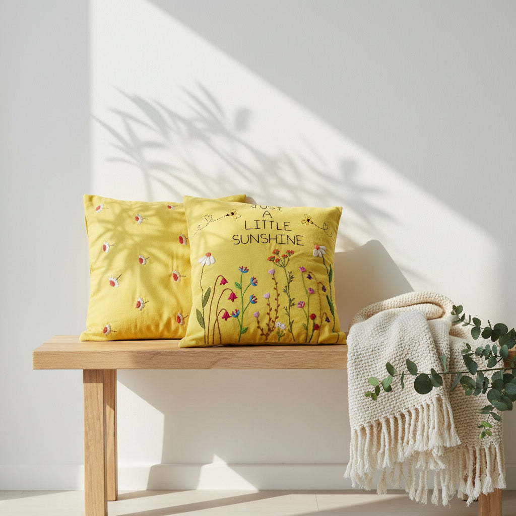 “Just a Little Sunshine” Bright Yellow Floral Hand-Embroidered Cotton Cushion Covers Set of 2