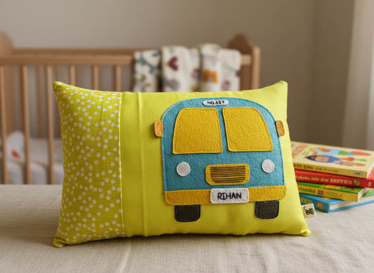 Customised Name Cushion with Felt Patch Design & Hand Embroidered Customised Name