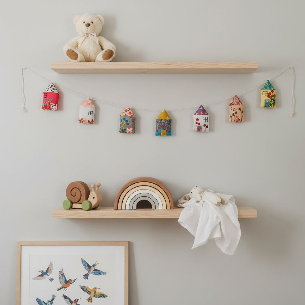 Hand-Embroidered Felt Hut Bunting | Whimsical Mini House Garland for Kids’ Rooms & Nurseries