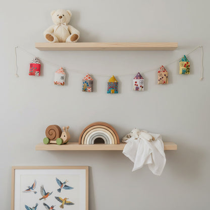 Hand-Embroidered Felt Hut Bunting | Whimsical Mini House Garland for Kids’ Rooms & Nurseries