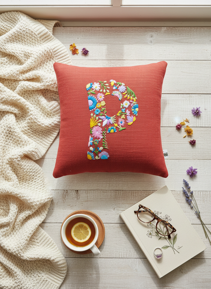 Hand Embroidered Customised Alphabet Cotton Cushion 10*10 Inches