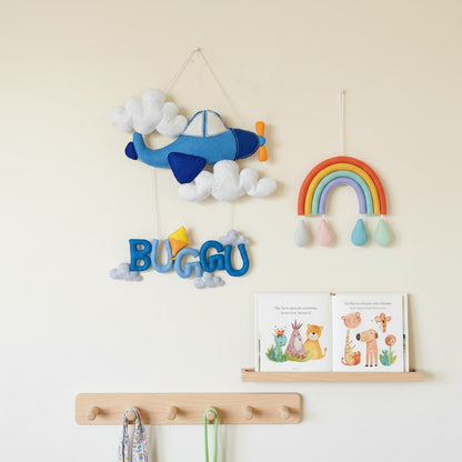 Handmade Felt Customised Name Garland with Airplane & Clouds | Personalised Aviation-Themed | Nursery Wall Hanging