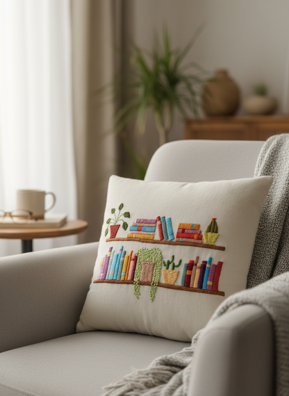 Hand-Embroidered Book Lover Cushion with Colorful Bookshelf & Potted Plants | Cozy Reading Nook Decorative Throw Pillow