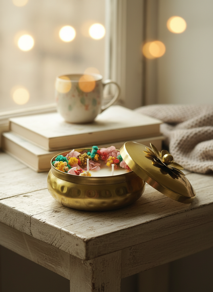Handcrafted Hand Poured Brass Metal Urli Soy Wax Candle with Natural Dried Flower