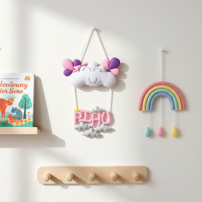 Handmade Felt Customised Name Garland with Smiling Cloud, Little Crown & Balloon Bunch | Personalised Nursery Wall Hanging