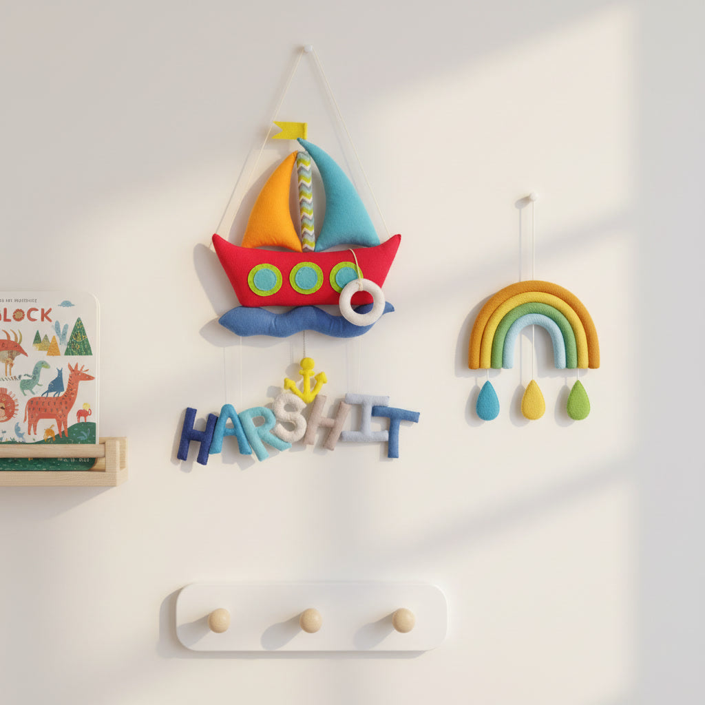 Handmade Felt Customised Name Garland with Colourful Sailboat & Anchor | Nautical Themed | Personalised Wall Hanging for Nursery & Kids’ Room